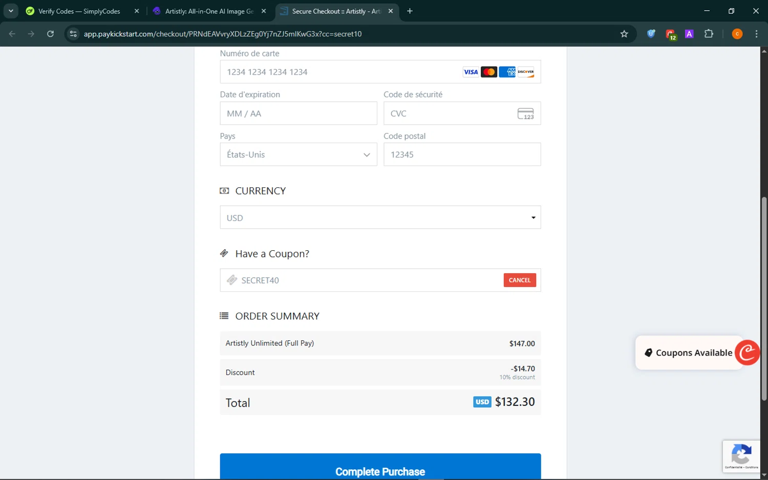 Artistly coupon code screenshot showing code SECRET40 applied at Artistly checkout page. Uploaded by SimplyCodes community member ShrewdCaptain9911 on Sep 23, 2025