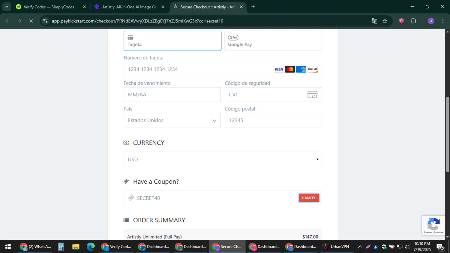 Artistly coupon code screenshot showing code SECRET40 applied at Artistly checkout page. Uploaded by SimplyCodes community member sniderjack453 on Jul 20, 2025