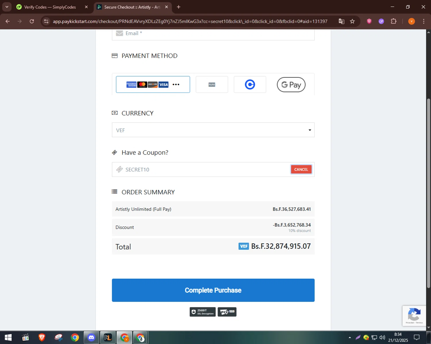 Artistly coupon code screenshot showing code SECRET10 applied at Artistly checkout page. Uploaded by SimplyCodes community member bulbasaur69 on Dec 21, 2025