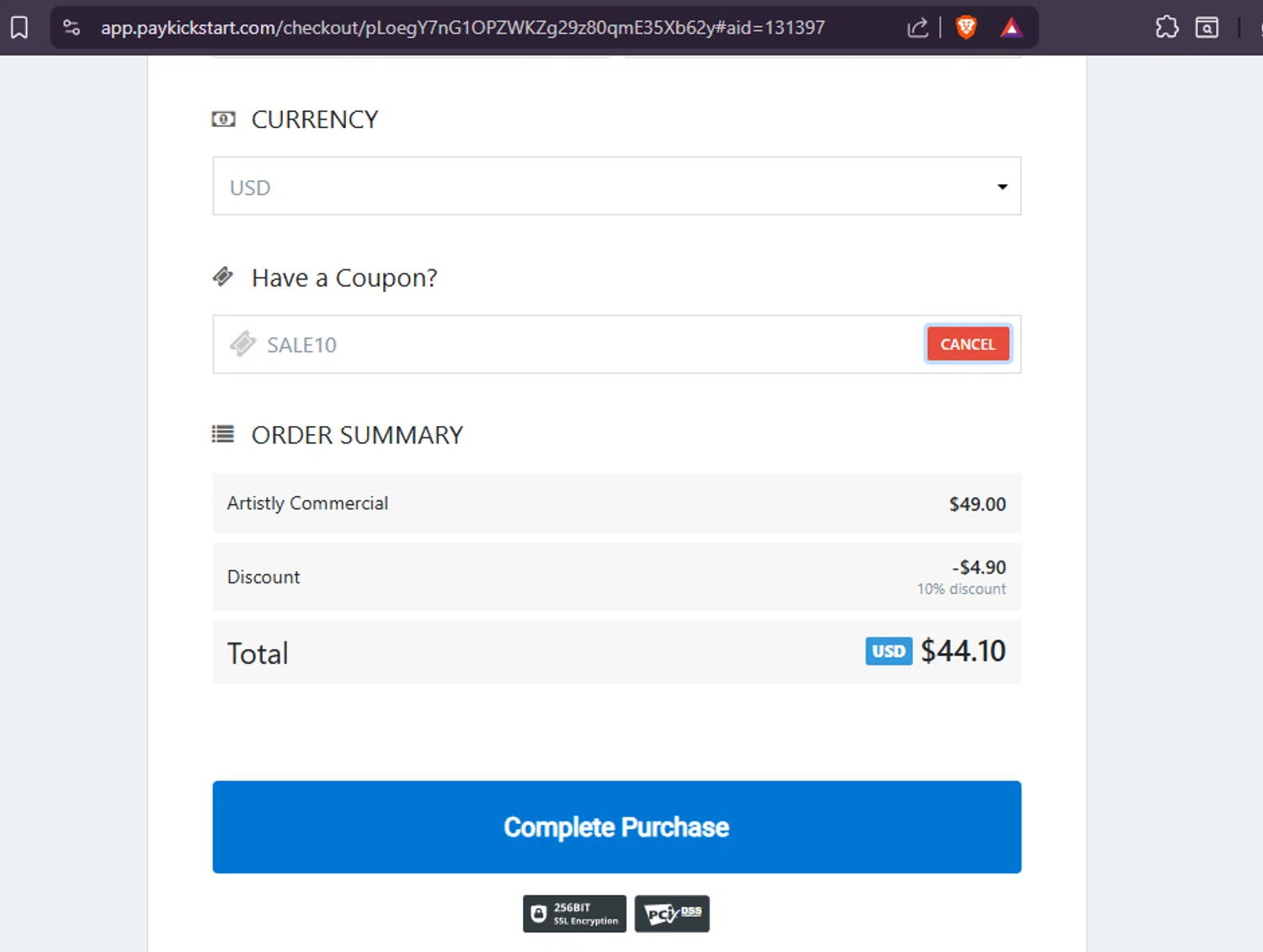 Artistly coupon code screenshot showing code SALE10 applied at Artistly checkout page. Uploaded by SimplyCodes community member Pabellonx on Nov 1, 2025
