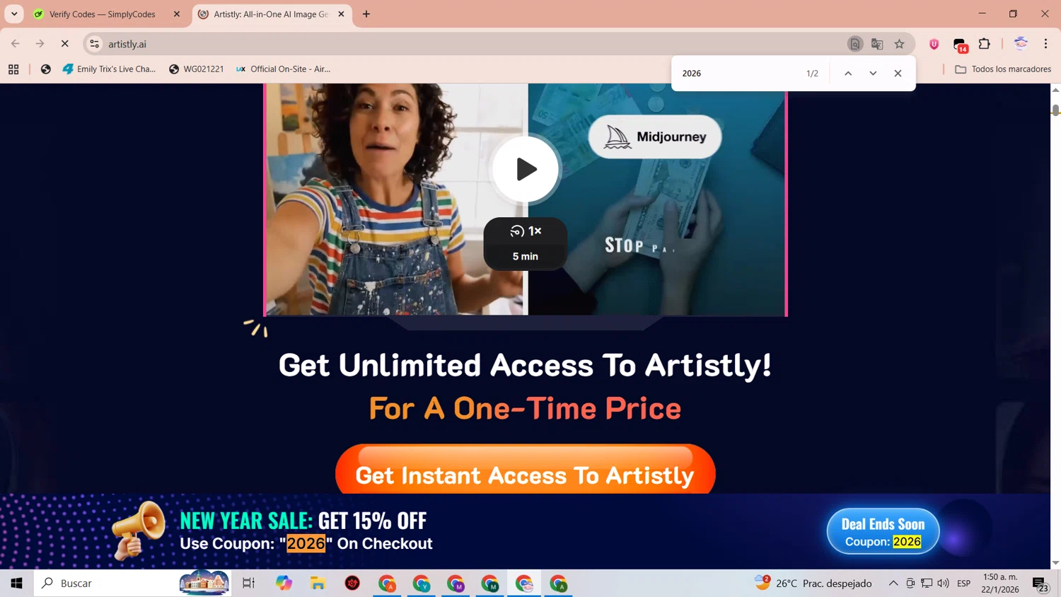 Artistly coupon code screenshot showing code 2026 applied at Artistly checkout page. Uploaded by SimplyCodes community member CoinLegend1707 on Jan 22, 2026