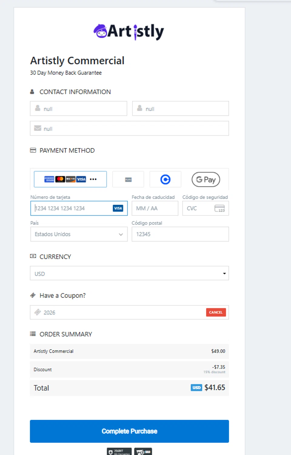 Artistly coupon code screenshot showing code 2026 applied at Artistly checkout page. Uploaded by SimplyCodes community member Dulce__ on Jan 22, 2026