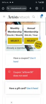 ARTLOVER30 coupon verification screenshot