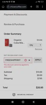 FREESHIPFIRST coupon verification screenshot