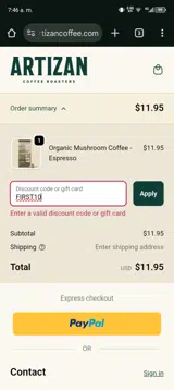 FIRST10 coupon verification screenshot