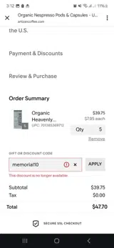 memorial10 coupon verification screenshot