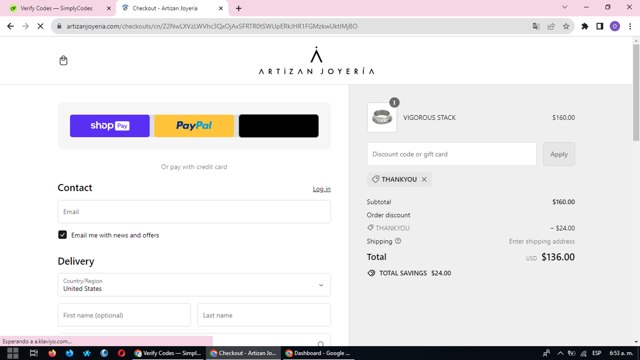 Artizan Joyeria checkout page showing Artizan Joyeria coupon code box | Screenshot taken by SimplyCodes community member on Apr 6, 2024