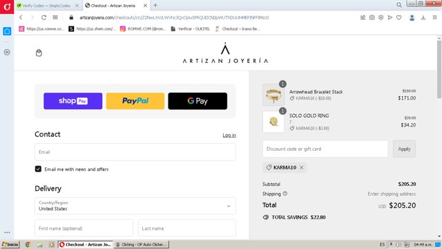 Artizan Joyeria checkout page showing Artizan Joyeria coupon code box | Screenshot taken by SimplyCodes community member on Apr 5, 2024