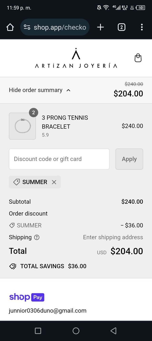 Artizan Joyeria checkout page showing Artizan Joyeria coupon code box | Screenshot taken by SimplyCodes community member on May 24, 2024