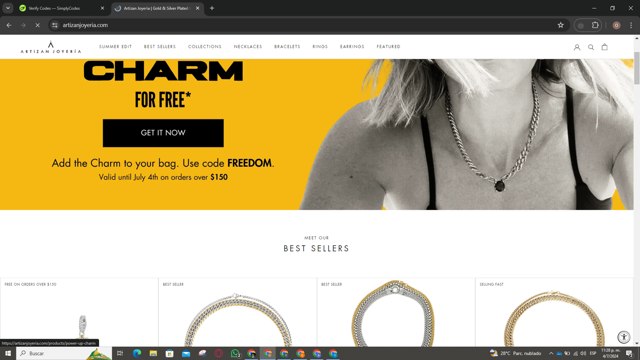 Artizan Joyeria checkout page showing Artizan Joyeria coupon code box | Screenshot taken by SimplyCodes community member on Jul 5, 2024