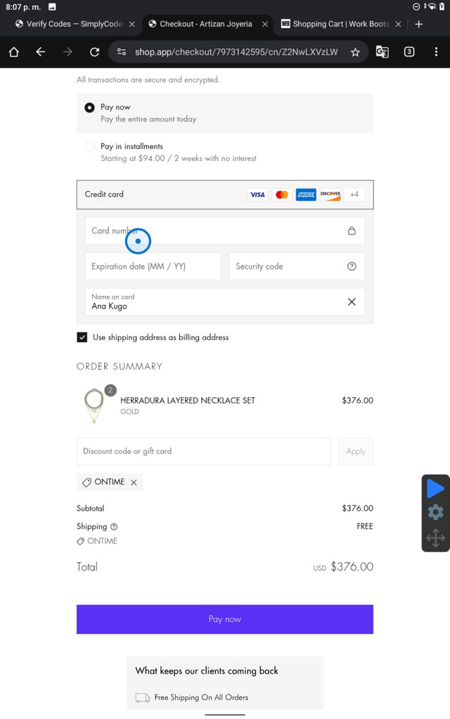 Artizan Joyeria checkout page showing Artizan Joyeria coupon code box | Screenshot taken by SimplyCodes community member on May 5, 2025
