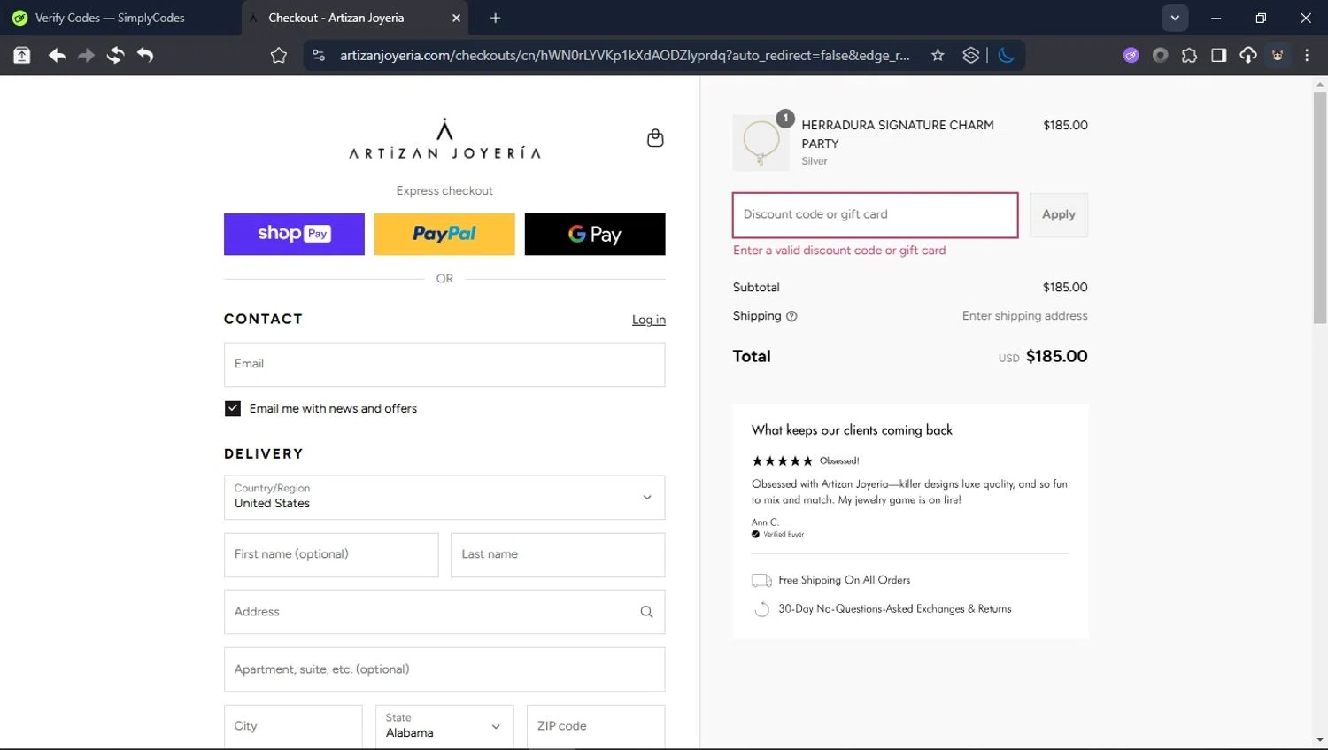 Artizan Joyeria coupon code screenshot showing code 10%OFF applied at Artizan Joyeria checkout page. Uploaded by SimplyCodes community member User_Randon1 on Jul 21, 2025