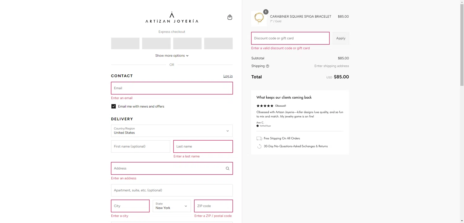 Artizan Joyeria coupon code screenshot showing code 10%OFF applied at Artizan Joyeria checkout page. Uploaded by SimplyCodes community member ValiantAce1810 on Aug 18, 2025