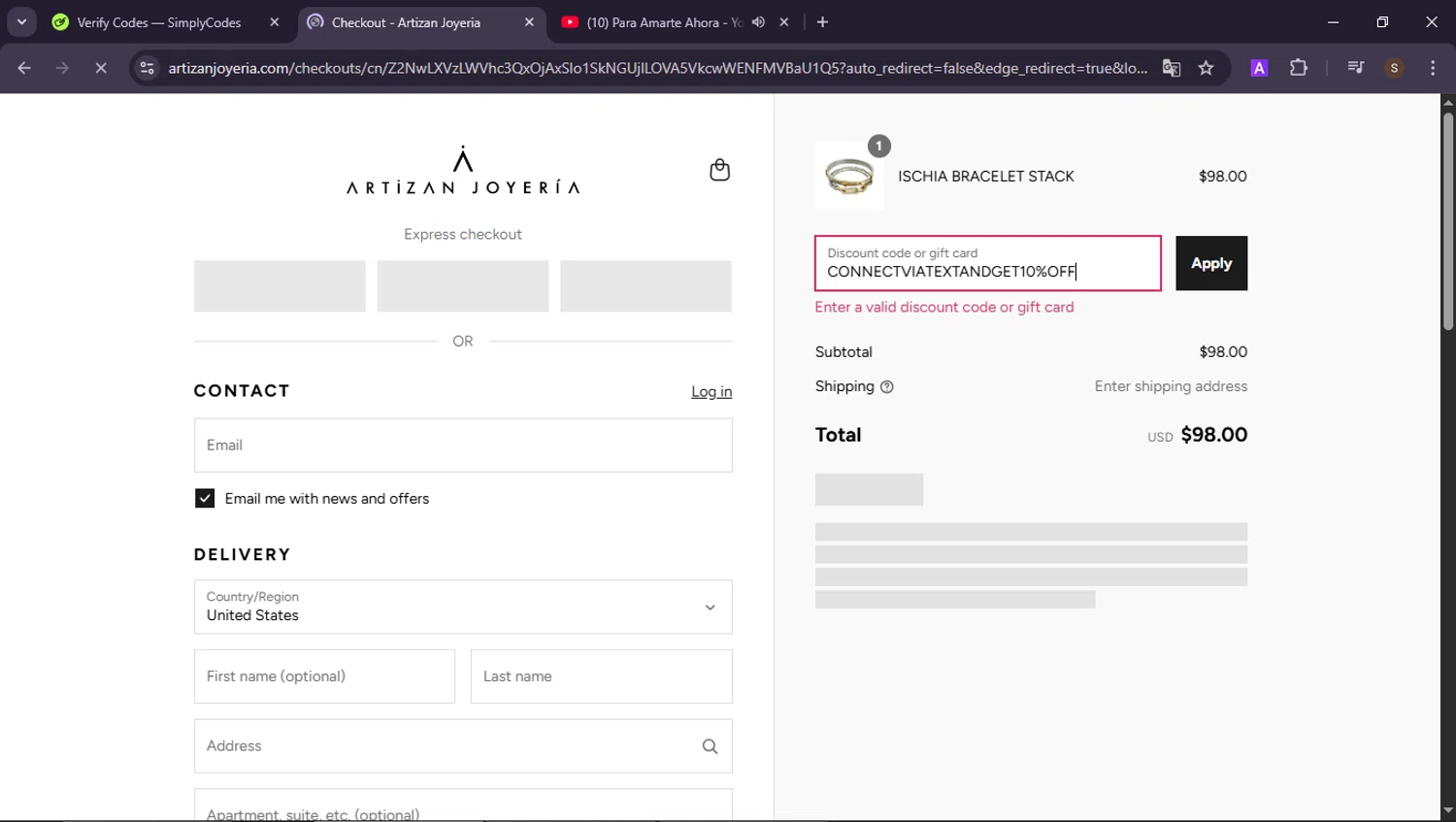 Artizan Joyeria coupon code screenshot showing code CONNECTVIATEXTANDGET10%OFF applied at Artizan Joyeria checkout page. Uploaded by SimplyCodes community member CoinCollector8010 on Jul 2, 2025