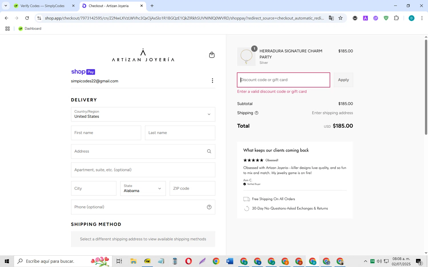 Artizan Joyeria coupon code screenshot showing code CONNECTVIATEXTANDGET10%OFF applied at Artizan Joyeria checkout page. Uploaded by SimplyCodes community member MagnificentCollector5368 on Jul 2, 2025