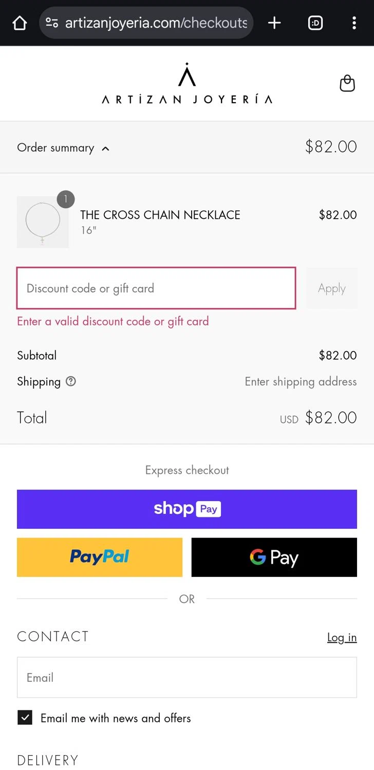 Artizan Joyeria coupon code screenshot showing code 10 applied at Artizan Joyeria checkout page. Uploaded by SimplyCodes community member KataldoMustafack on Jun 16, 2025