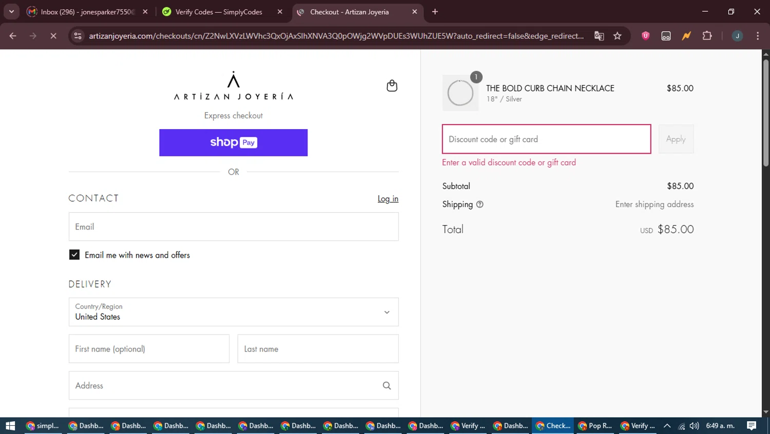 Artizan Joyeria coupon code screenshot showing code 10 applied at Artizan Joyeria checkout page. Uploaded by SimplyCodes community member ScanLynx8928 on Jun 16, 2025