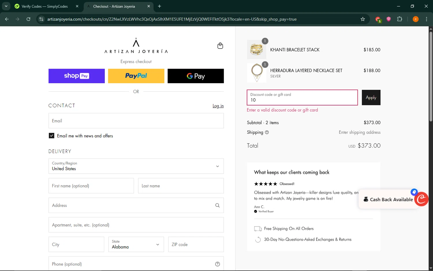 Artizan Joyeria coupon code screenshot showing code 10 applied at Artizan Joyeria checkout page. Uploaded by SimplyCodes community member ShrewdCaptain9911 on Jun 16, 2025