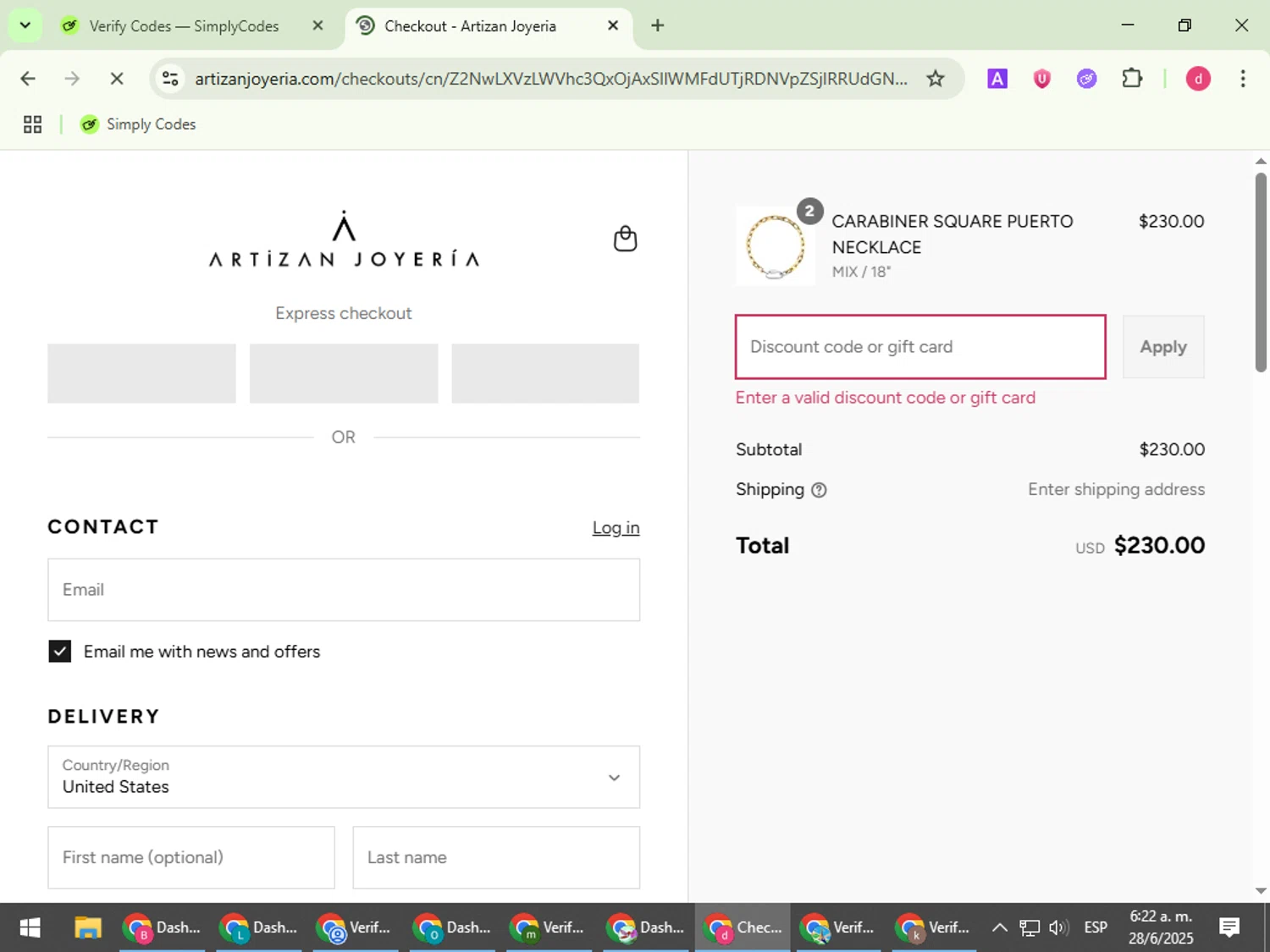 Artizan Joyeria coupon code screenshot showing code CODE10 applied at Artizan Joyeria checkout page. Uploaded by SimplyCodes community member BudgetVoyager5452 on Jun 28, 2025