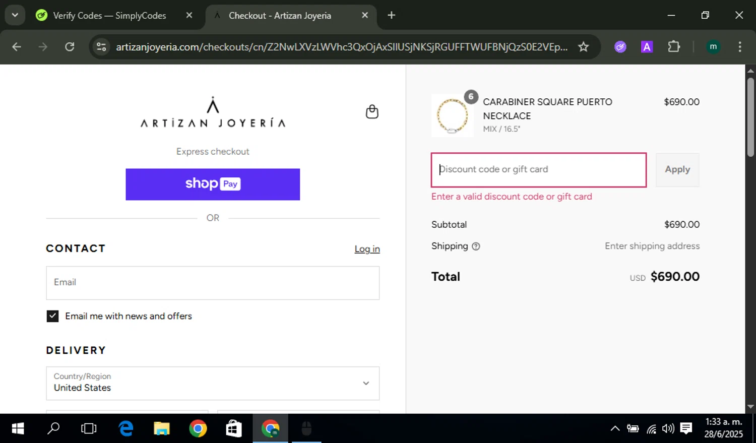 Artizan Joyeria coupon code screenshot showing code CODE10 applied at Artizan Joyeria checkout page. Uploaded by SimplyCodes community member Miguelcrasto on Jun 28, 2025