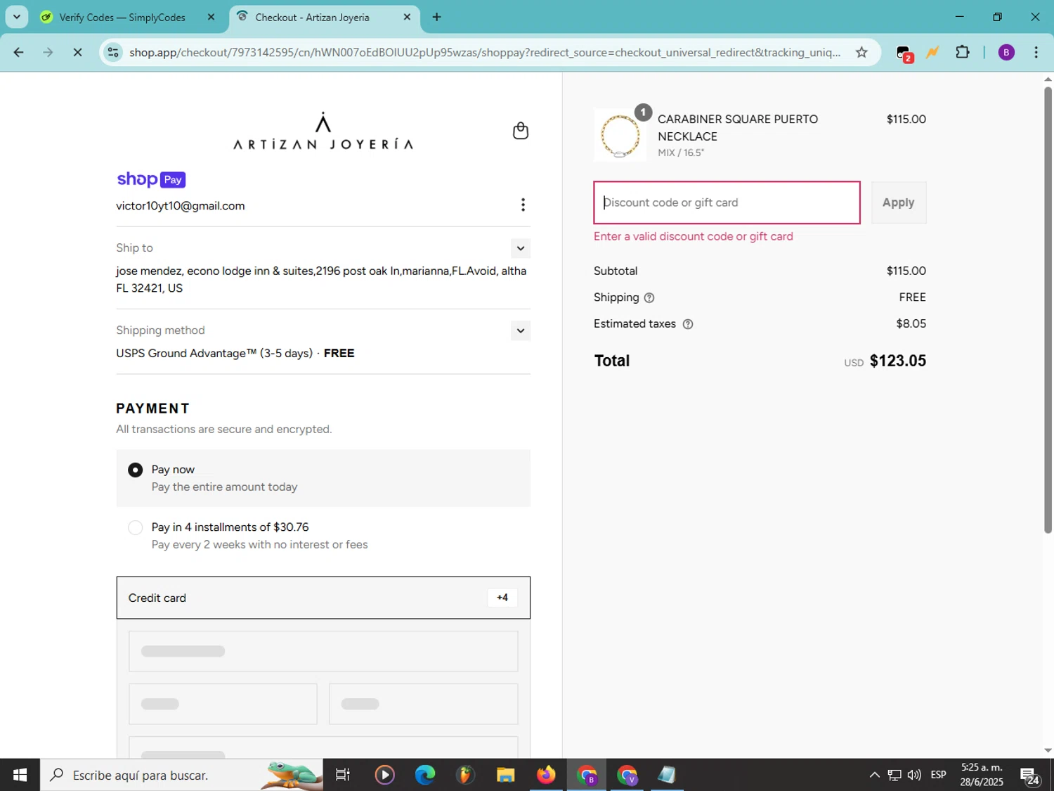 Artizan Joyeria coupon code screenshot showing code CODE10 applied at Artizan Joyeria checkout page. Uploaded by SimplyCodes community member Soyvictor on Jun 28, 2025