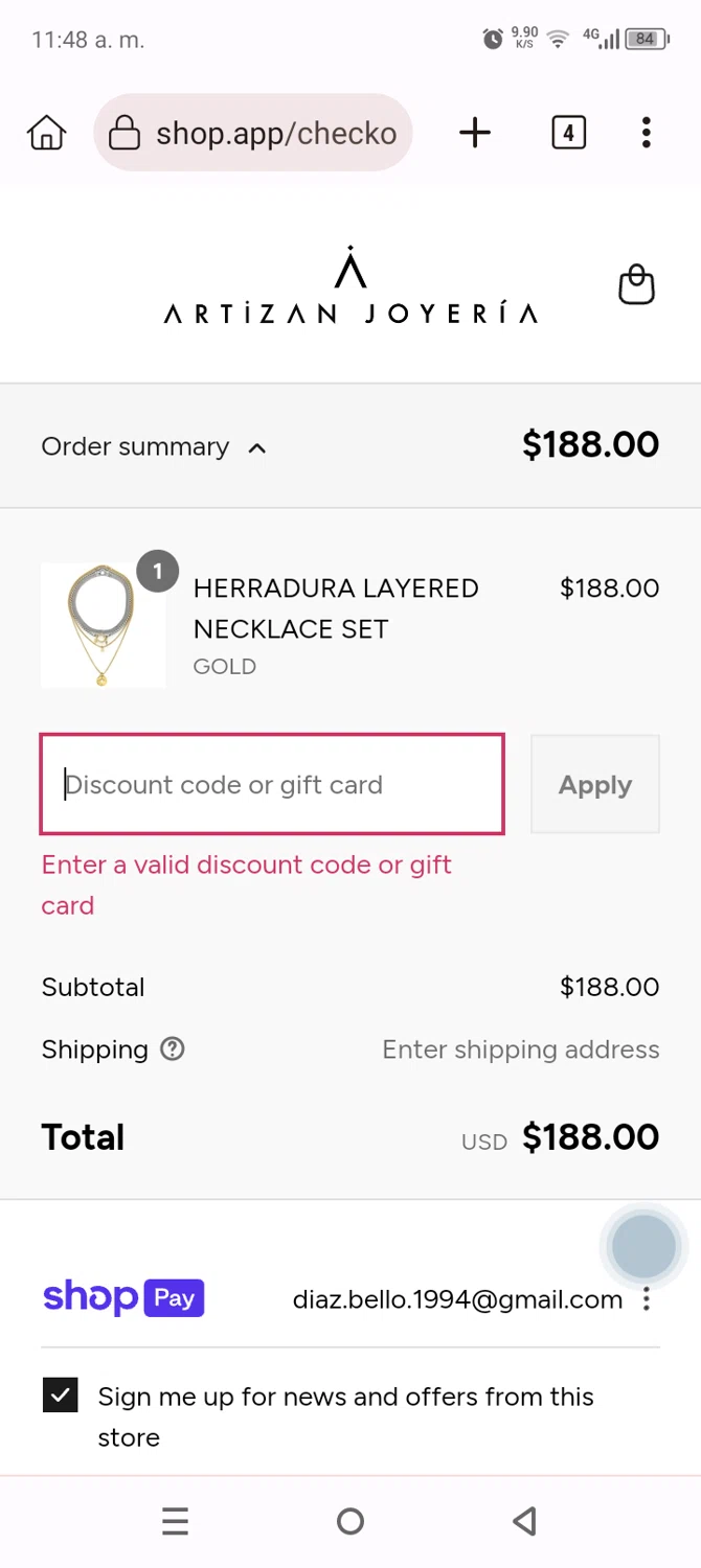 Artizan Joyeria coupon code screenshot showing code BOGO applied at Artizan Joyeria checkout page. Uploaded by SimplyCodes community member Anthony_Diaz on Aug 1, 2025