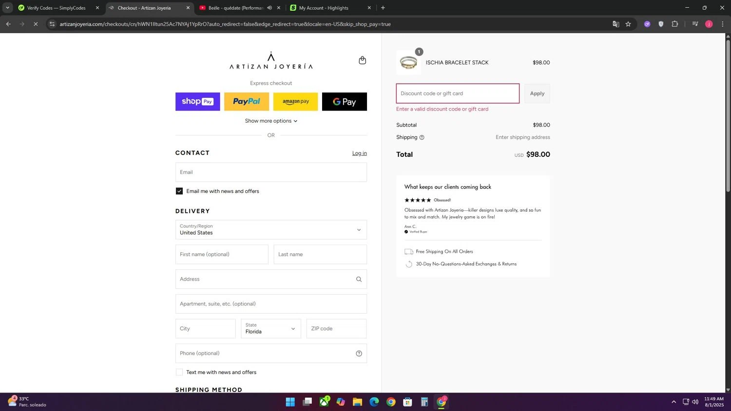 Artizan Joyeria coupon code screenshot showing code BOGO applied at Artizan Joyeria checkout page. Uploaded by SimplyCodes community member CoinRanger3407 on Aug 1, 2025