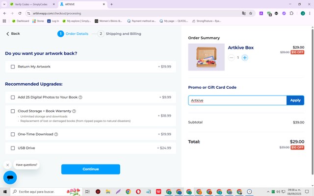 Artkive checkout page showing Artkive promo code box | Screenshot taken by SimplyCodes community member on Sep 8, 2025
