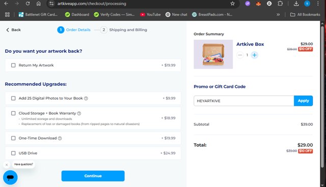 Artkive checkout page showing Artkive promo code box | Screenshot taken by SimplyCodes community member on Jul 12, 2025