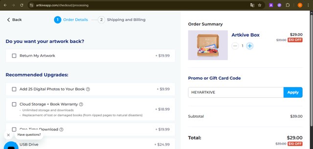 Artkive checkout page showing Artkive promo code box | Screenshot taken by SimplyCodes community member on Aug 11, 2025