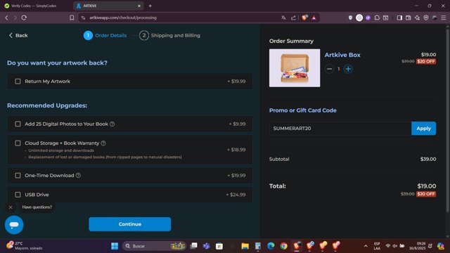 Artkive checkout page showing Artkive promo code box | Screenshot taken by SimplyCodes community member on Aug 16, 2025