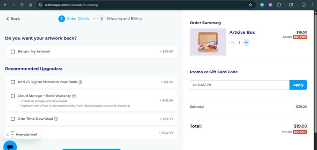 Artkive checkout page showing Artkive promo code box | Screenshot taken by SimplyCodes community member on Jul 24, 2025