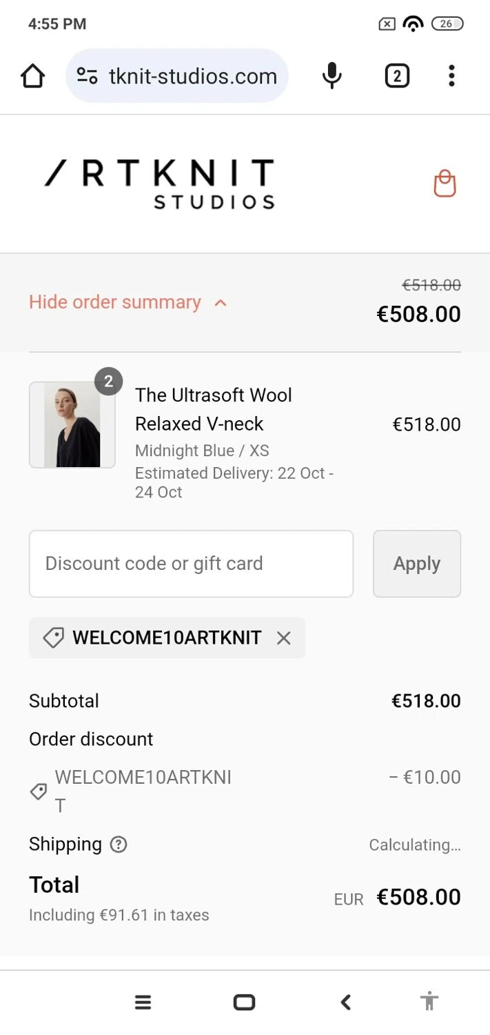 Artknit Studios checkout page showing Artknit Studios promo code box | Screenshot taken by SimplyCodes community member on Oct 20, 2023