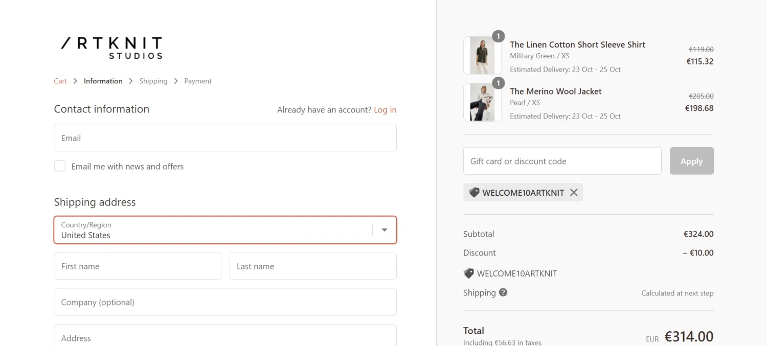 Artknit Studios checkout page showing Artknit Studios promo code box | Screenshot taken by SimplyCodes community member on Oct 21, 2022