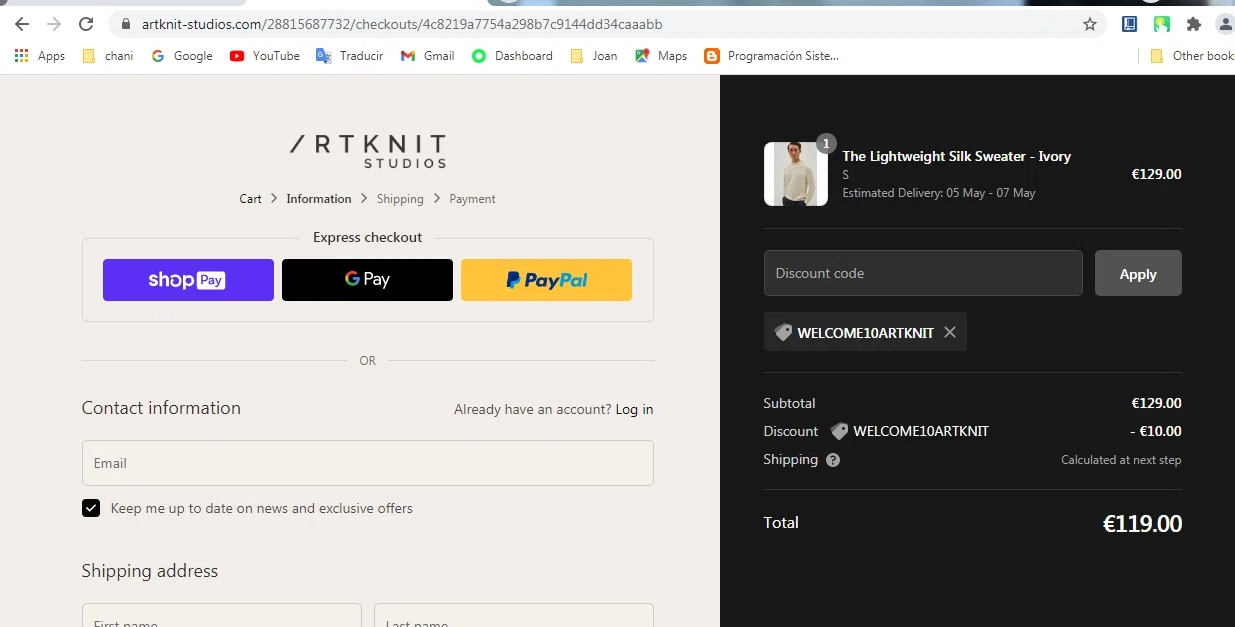 Artknit Studios checkout page showing Artknit Studios promo code box | Screenshot taken by SimplyCodes community member on May 3, 2021