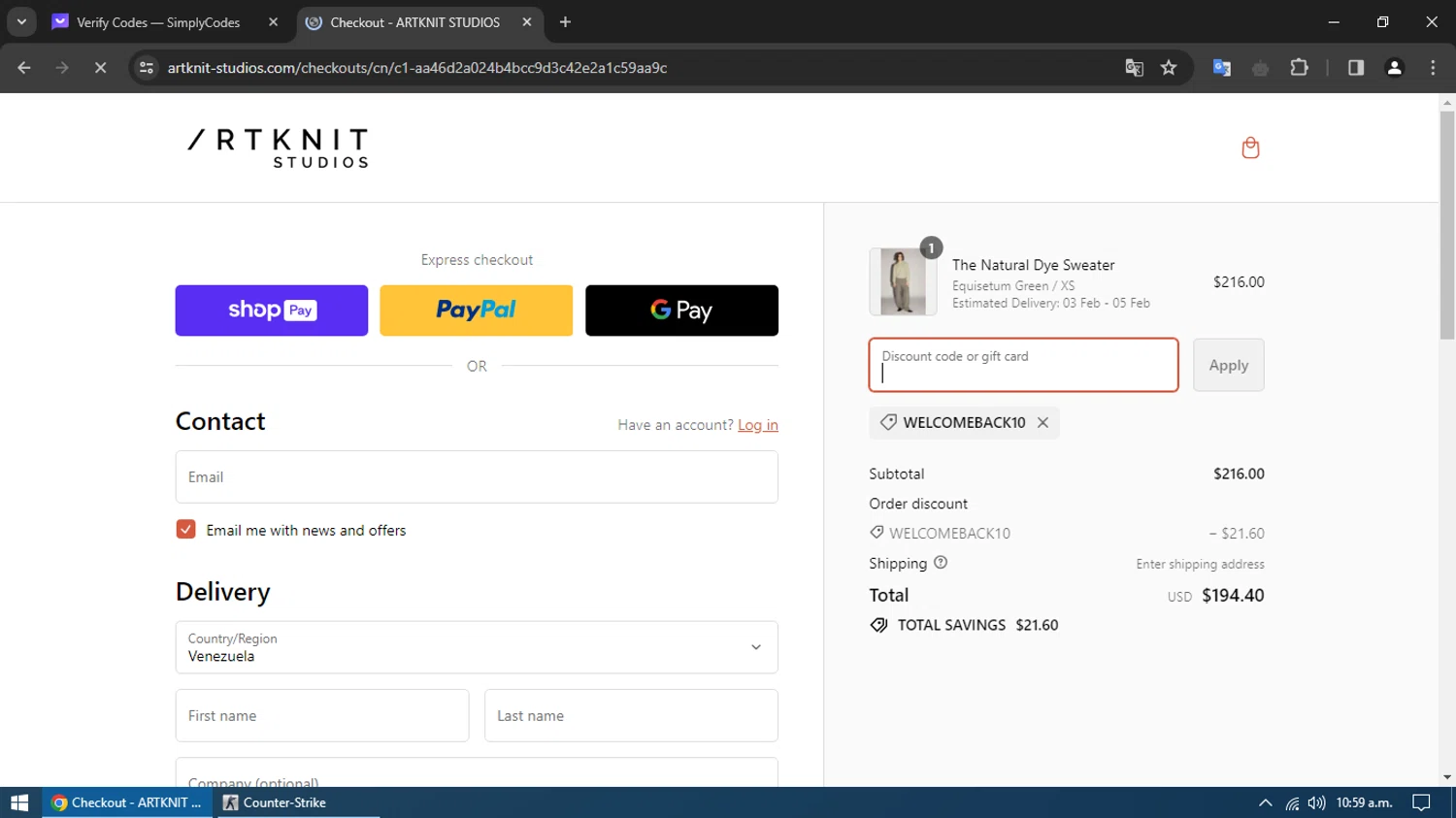 Artknit Studios checkout page showing Artknit Studios promo code box | Screenshot taken by SimplyCodes community member on Feb 1, 2024