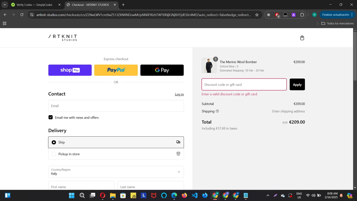 Artknit Studios promo code screenshot showing code WELCOMEBACK15 applied at Artknit Studios checkout page. Uploaded by SimplyCodes community member BLACKNAZA on Feb 16, 2025