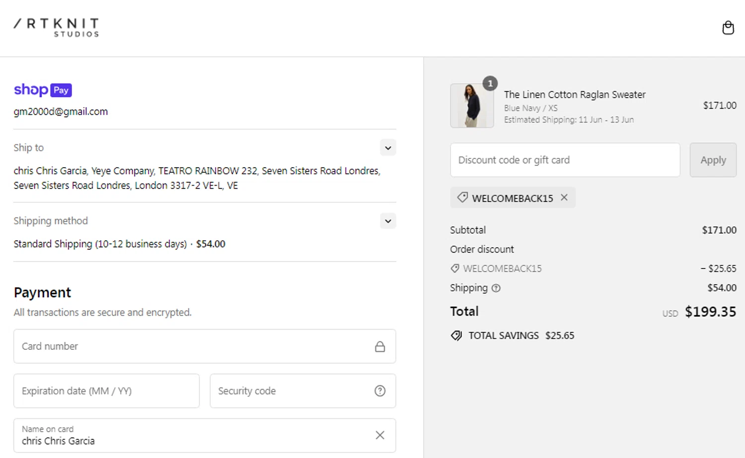 Artknit Studios checkout page showing Artknit Studios promo code box | Screenshot taken by SimplyCodes community member on Jun 9, 2024