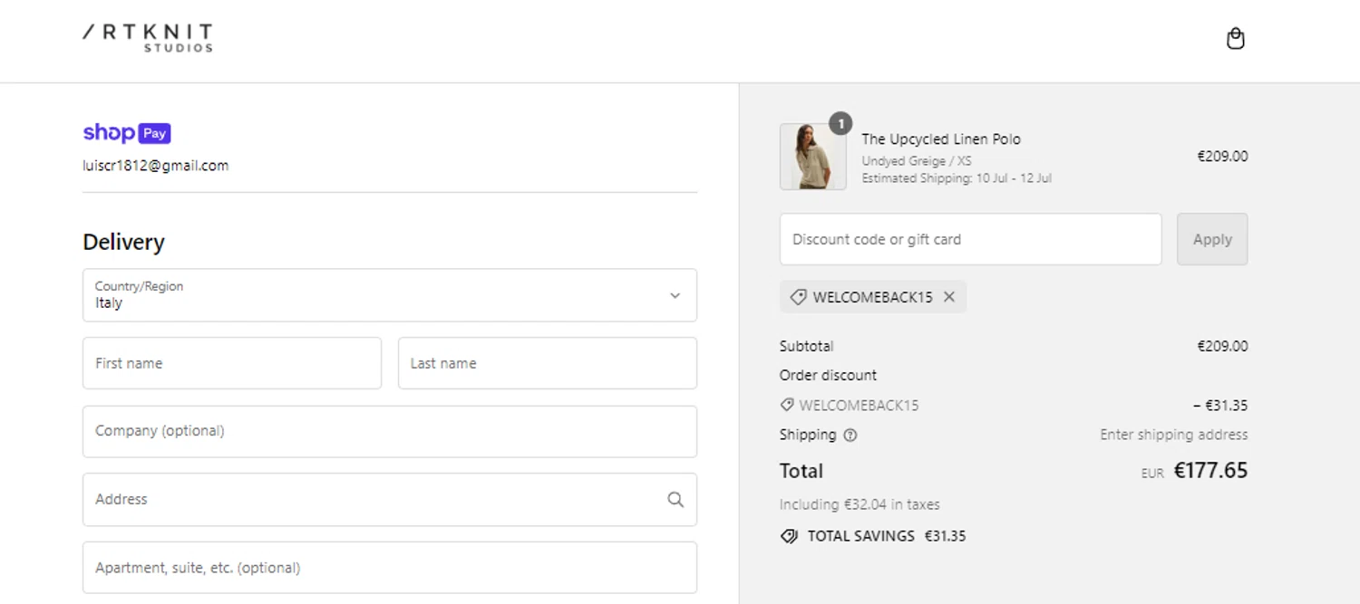 Artknit Studios checkout page showing Artknit Studios promo code box | Screenshot taken by SimplyCodes community member on Jul 8, 2024