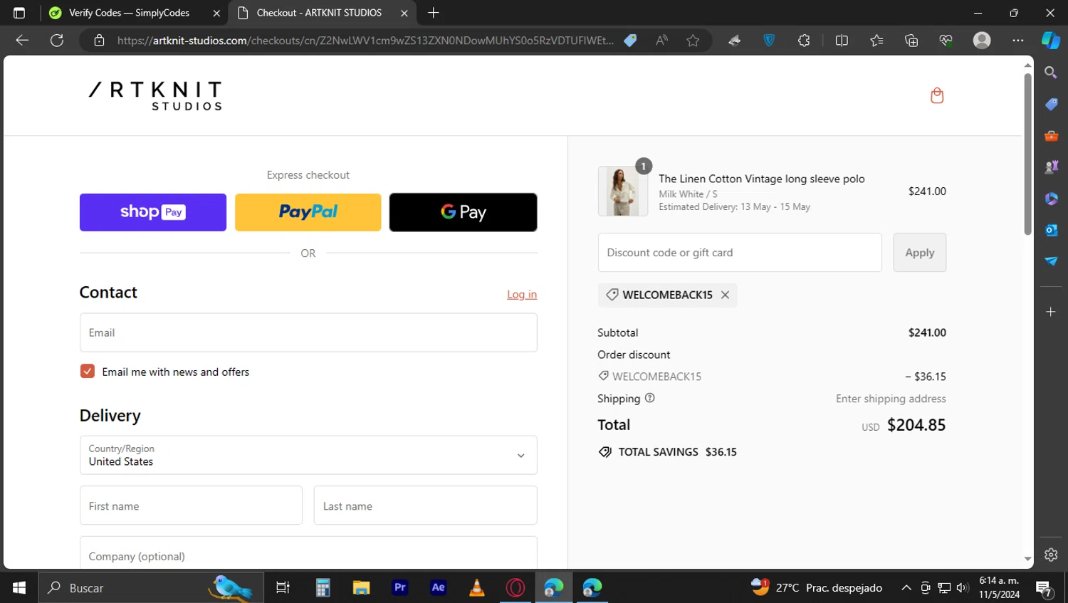 Artknit Studios checkout page showing Artknit Studios promo code box | Screenshot taken by SimplyCodes community member on May 11, 2024
