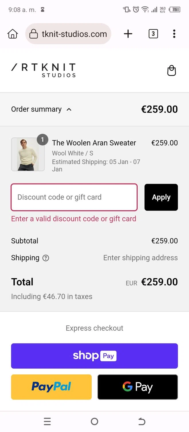 Artknit Studios promo code screenshot showing code freexmaswrap applied at Artknit Studios checkout page. Uploaded by SimplyCodes community member AK_CIO on Jan 3, 2025