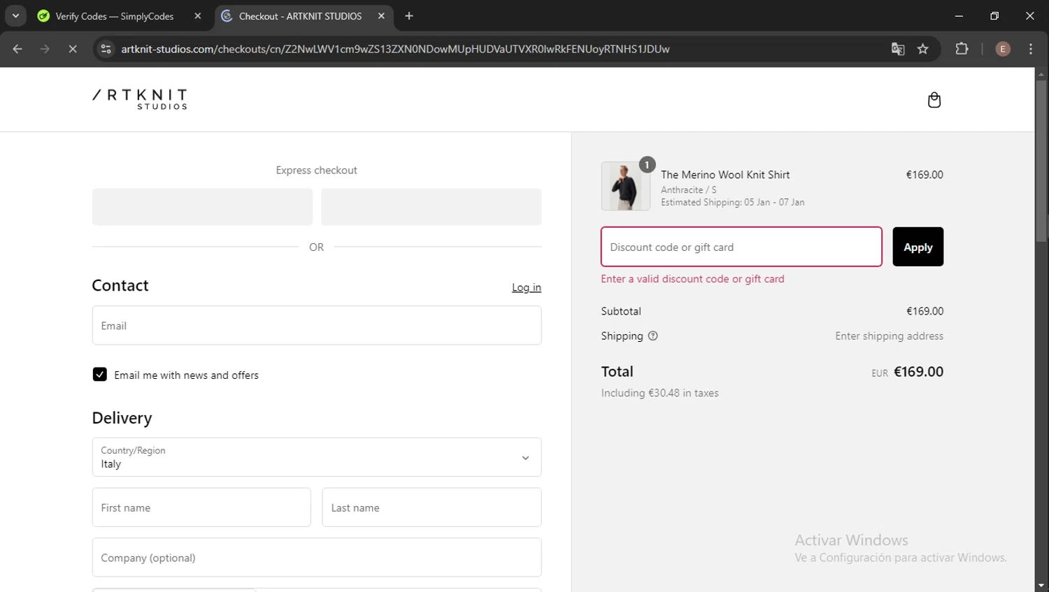 Artknit Studios promo code screenshot showing code freexmaswrap applied at Artknit Studios checkout page. Uploaded by SimplyCodes community member Esteban14 on Jan 3, 2025