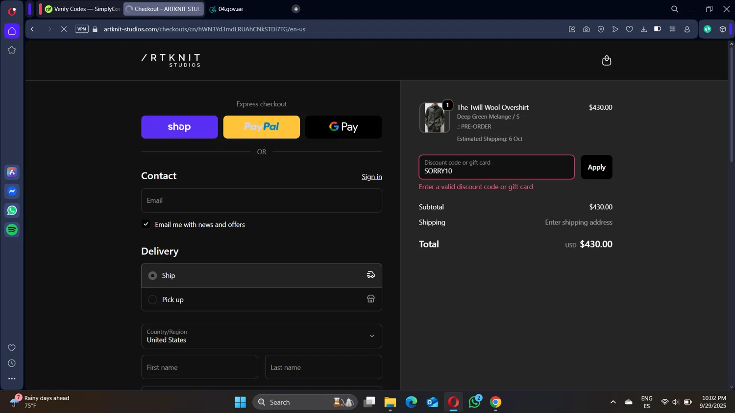 Artknit Studios promo code screenshot showing code SORRY10 applied at Artknit Studios checkout page. Uploaded by SimplyCodes community member DiscountSleuth2229 on Sep 30, 2025
