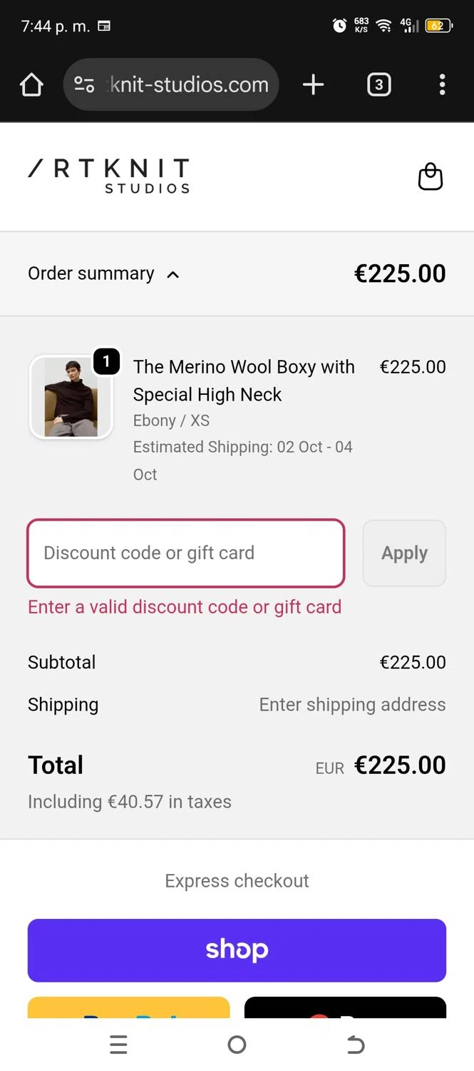 Artknit Studios promo code screenshot showing code SORRY10 applied at Artknit Studios checkout page. Uploaded by SimplyCodes community member UsagiTsukino on Sep 29, 2025