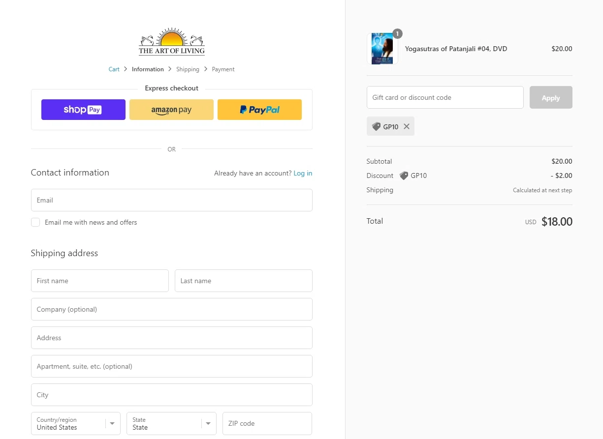 Art of Living checkout page showing Art of Living discount code box | Screenshot taken by SimplyCodes community member on Feb 18, 2022