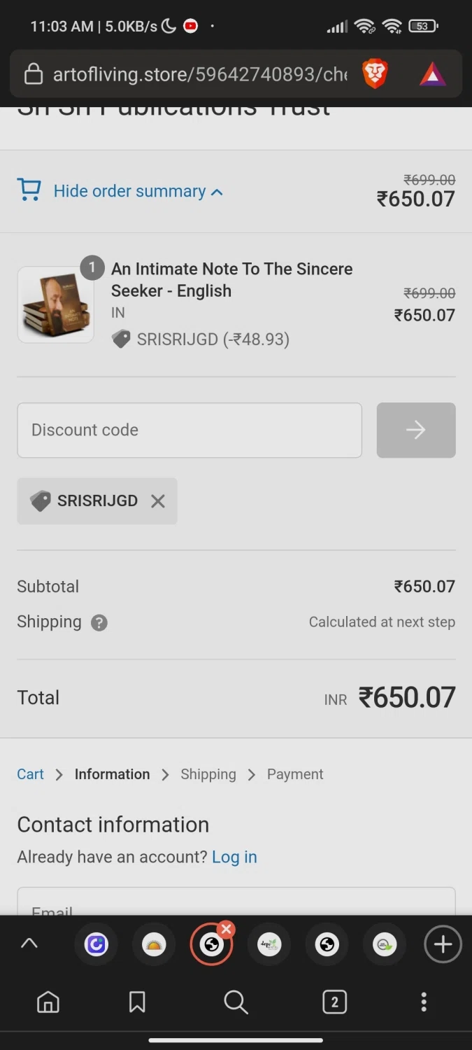 Art of Living checkout page showing Art of Living discount code box | Screenshot taken by SimplyCodes community member on May 8, 2022