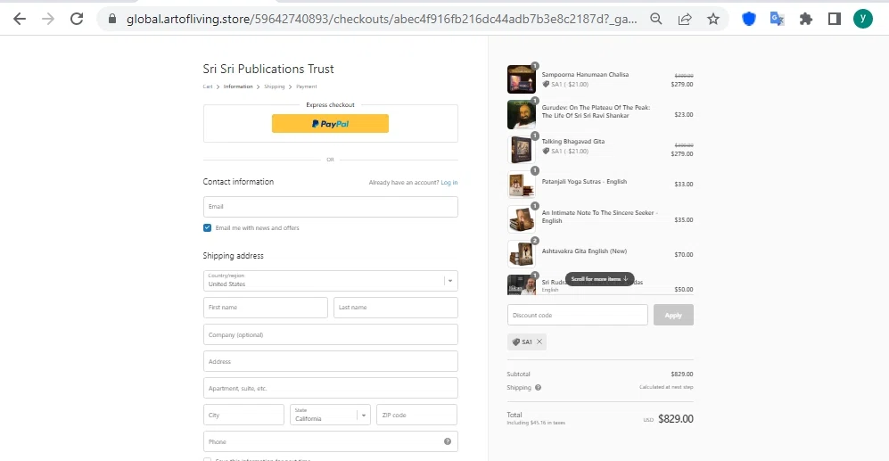 Art of Living checkout page showing Art of Living discount code box | Screenshot taken by SimplyCodes community member on Nov 2, 2022