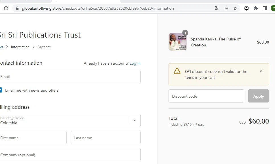 Art of Living checkout page showing Art of Living discount code box | Screenshot taken by SimplyCodes community member on Dec 30, 2022