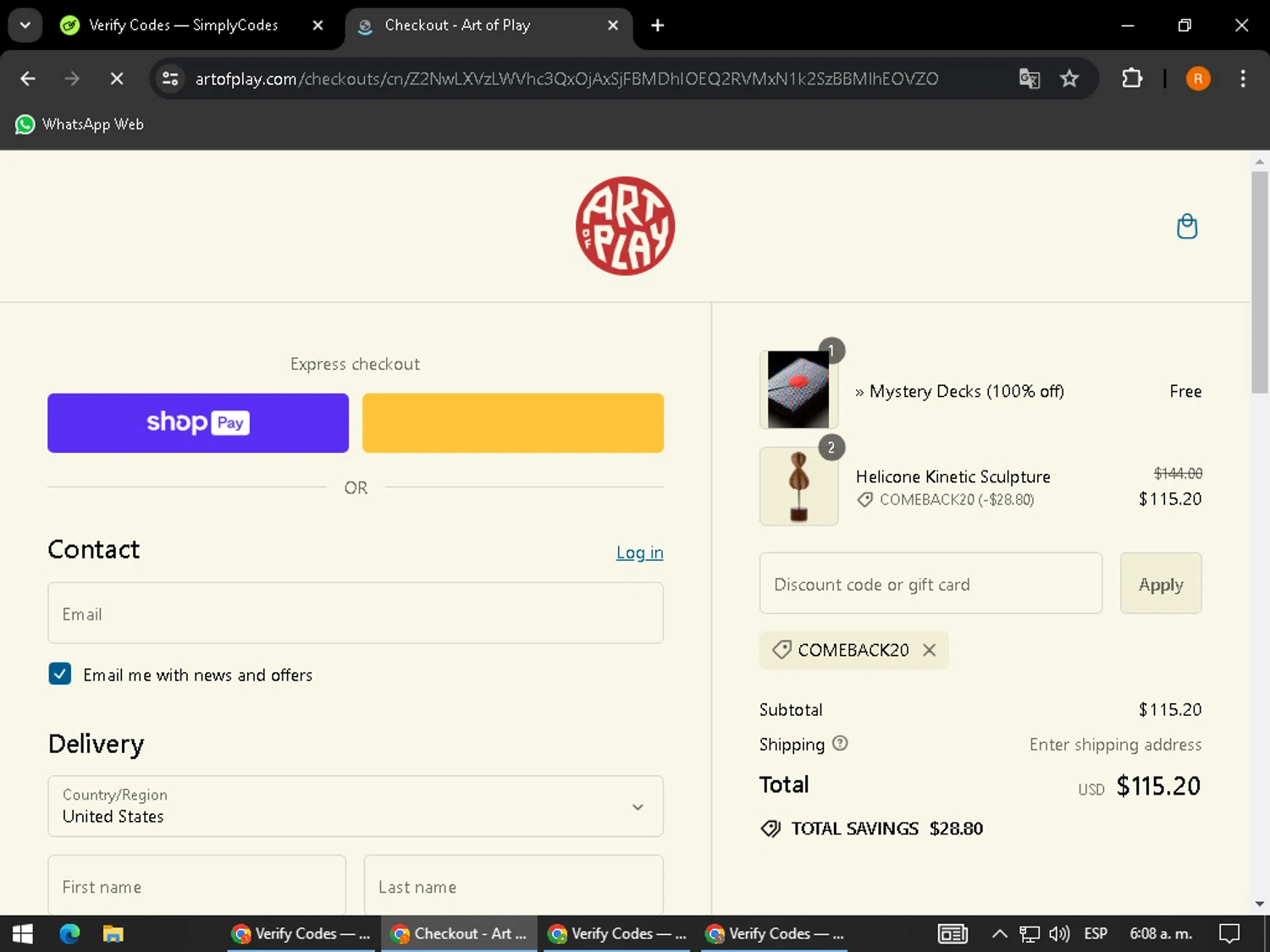 where to use Art of Play promo code box