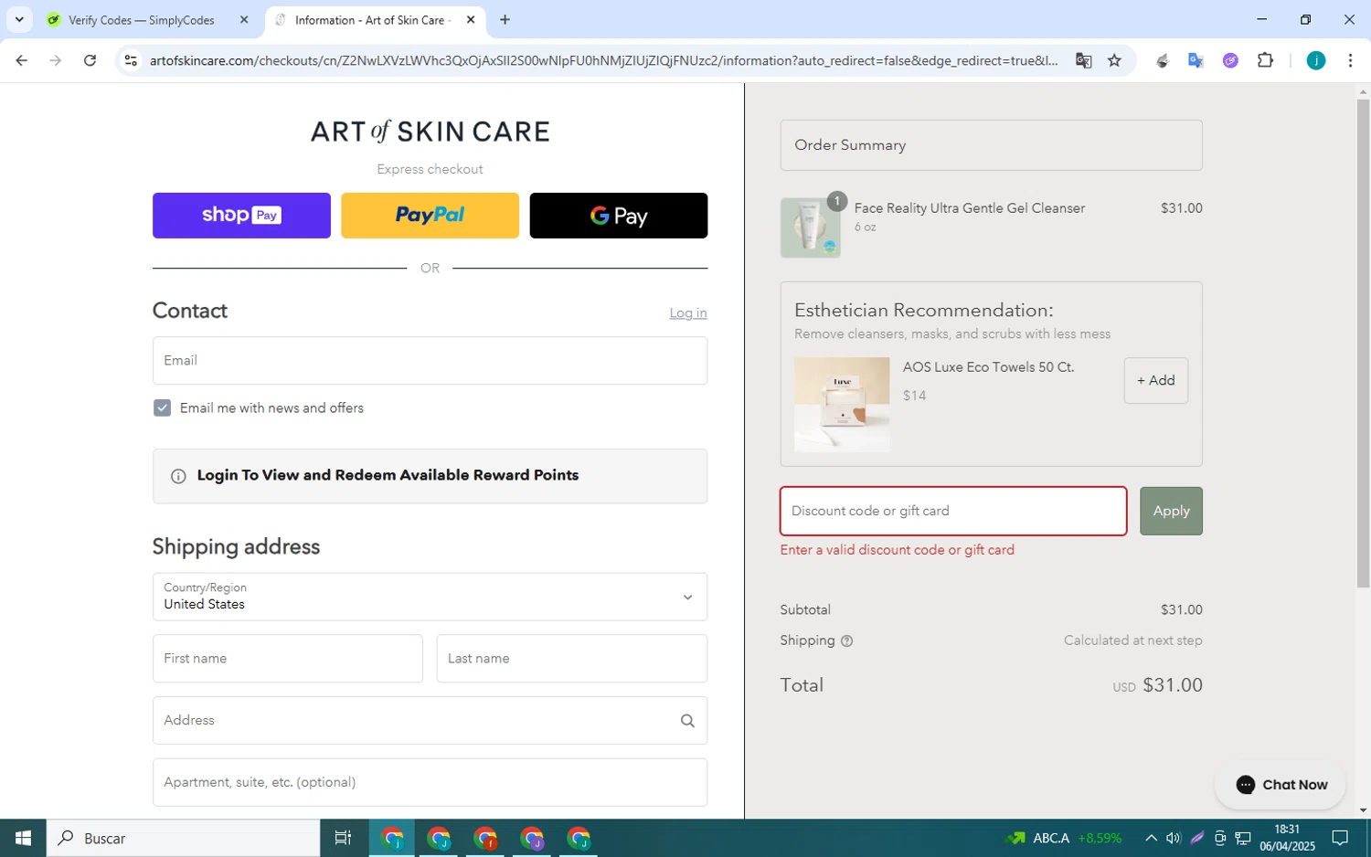 Art Of Skin Care promo code screenshot showing code PJEP8RVE applied at Art Of Skin Care checkout page. Uploaded by SimplyCodes community member Juan_collug on Apr 6, 2025